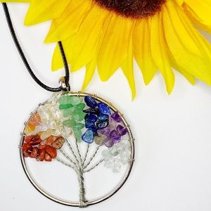 NEW Rainbow Gemstone Wire Tree Pendant Necklace